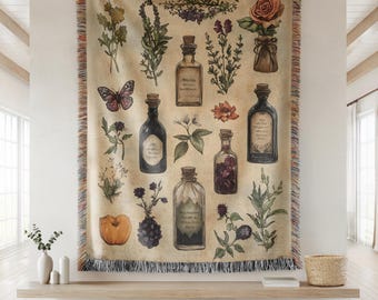 Apothecary Woven Blanket, Cottagecore Herbal Throw, Herbs and Spices Blanket, Witchy Decor, Herbalist Gift, Vintage Botanical Blanket