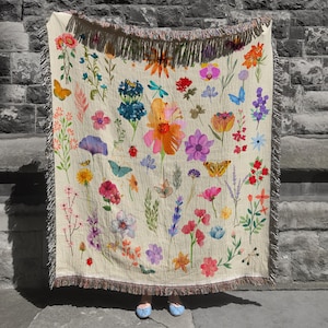 Boho Wildflowers Woven Blanket - Cotton Floral Tapestry Throw, Cottagecore Picnic, Nature Lover Gift, Year-Round Decor, Mother&#39;s Day 2025