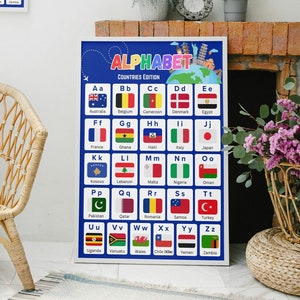May include: A blue and white poster with the word "ALPHABET" in rainbow letters. The poster features a world map with flags of different countries representing each letter of the alphabet. The poster is titled "COUNTRIES EDITION".