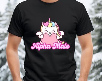 Camiseta unisex de estilo suave con gráfico de unicornio macho alfa, divertida camiseta de unicornio, camiseta negra para hombre y mujer, regalo para él y ella, animal novedoso
