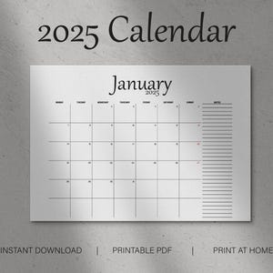 Calendario mensual 2025, elegante calendario mensual horizontal, inicio en domingo y lunes, tamaño A4 y carta, PDF imprimible.