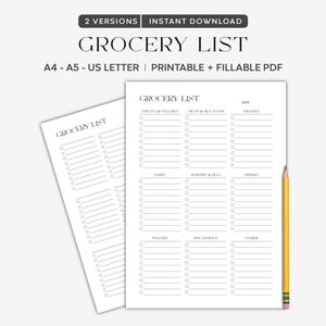 May include: Two white printable grocery list templates with a pencil. The lists are labelled "Grocery List" and include sections for fruits & veggies, meat & seafood, frozen, dairy, bakery & deli, drinks, pantry, household, and other.