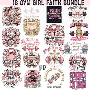 May include: A set of 18 pink and white graphic designs with fitness and faith themes. The designs feature dumbbells, kettlebells, bows, and text including "Lift Strong," "Strong Body, Strong Faith," and "Strength in Him."