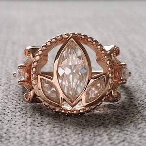 Moissanite Bohemian Engagement Ring Succulent Flower Nature Marquise Milgrain Filigree 14K Rose Gold Garden Hippie  "The Terrarium"