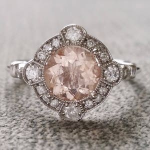 Estate Halo Morganite Diamond Antique Engagement Ring Victorian Art Deco Peach Pink Edwardian 14K White Gold "The Charlotte"