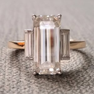 Custom Step Cut EF Moissanite Enagement Ring Two Tone 14k Gold Classic Antique  High End Art Deco Gemstone Bohemian Modern " The Elodie"