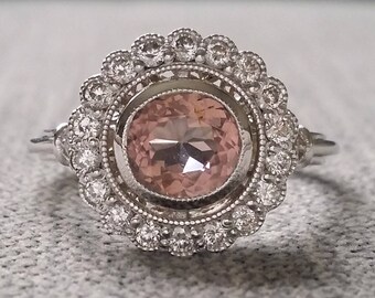 Bezel Set Rare Peach Pink Tourmaline Diamond Ballerina Antique Engagement Ring Gemstone Flower Filigree Round White Gold "The Clementine"