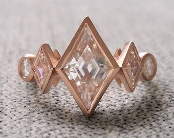 Antique Moissanite Kite Shaped Geometric Bohemian Rustic Engagement Ring Brushed Rose Gold 1920s Copper Gemstone PenelliBelle "The Harlow"