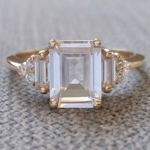 Antique White Sapphire Diamond Engagement Ring Emerald Cut Baguette Classic Yellow Gold timeless PenelliBelle Exclusive "The Margo"