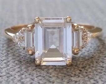 Antique White Sapphire Diamond Engagement Ring Emerald Cut Baguette Classic Yellow Gold timeless PenelliBelle Exclusive "The Margo"