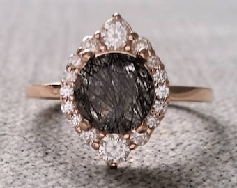 Black Rutile Quartz Diamond Engagement Ring Halo Bohemian Art Deco Indian Vintage Antique 14K Rose Gold Exclusive &quot;The Jasmine&quot;