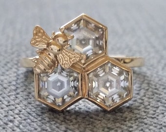 In Stock Discount Eco Friendly Geometric Nature Bee Hive Hexagon Cut GH Moissanite Engagement Ring 14k Yellow Gold Unique "The Bee Keeper"