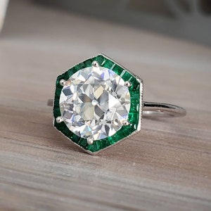 Limited Edition Old European Cut E-F Moissanite and Emerald Antique Engagement Ring Art Deco Hexagon Geometric 14k White gold "The Midori"