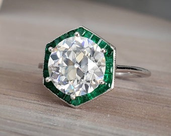 Limited Edition Old European Cut E-F Moissanite and Emerald Antique Engagement Ring Art Deco Hexagon Geometric 14k White gold "The Midori"
