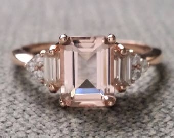 Antique Peach Pink Morganite Diamond Engagement Ring Emerald Cut Baguette Classic White Gold timeless PenelliBelle Exclusive "The Margo"