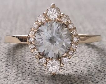 Grey Moissanite and Diamond Engagement Ring Halo Bohemian Art Deco Indian Vintage Antique 14K Yellow Gold Exclusive "The Jasmine"