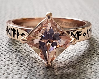 Rustic Princess Cut Morganite Engagement Ring Nordic Runes Old World Norse Mythology Goddess Viking 14K Rose Gold Hammered &quot;The Idun&quot;
