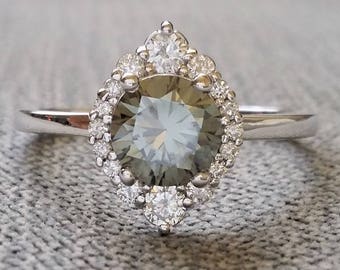 Grey Moissanite and Diamond Engagement Ring Halo Bohemian Art Deco Indian Vintage Antique 14K White Gold Exclusive "The Jasmine"