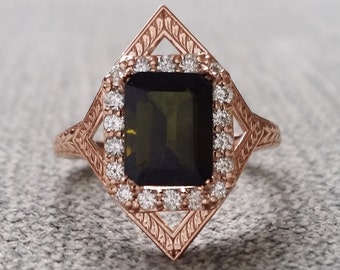 Tourmaline Diamond Engagement Ring Geometric Victorian Halo Egyptian Bohemian Green Antique Emerald Art Deco 14K Rose Gold "The Judith"