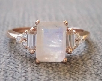 Antique Moonstone Moissanite and Diamond Engagement Ring Emerald Cut Baguette Classic Rose Gold timeless PenelliBelle Rustic &quot;The Margo&quot;