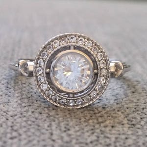 All White Sapphire Versoin Halo Antique Engagement Ring Victorian Style Art Deco Edwardian 14K White Gold "The Hattie "