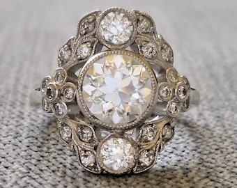 Three Stone Old European Moissanite and Diamond Floral Engagement Ring 14K White Gold Flower Antique Victorian Bohemian "The Ophelia"