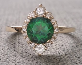 Green Topaz Diamond Engagement Ring Halo Bohemian Art Deco Indian Vintage Antique 14K Yellow Gold Exclusive "The Jasmine"