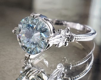 Ice Blue Round Brilliant Moissanite Engagement Ring Leaf Vine Elven Solitaire Modern Classic 14K Gold "The Eowyn"