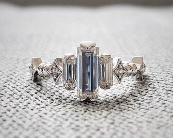 Antique Baguette Moissanite Diamond Engagement Ring Modern Crown Victorian Renaissance Geometric Bohemian Classic 14K Gold &quot; The Stella&quot;