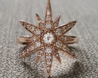 Star Diamond Engagement Ring 14K Rose Gold Sun Moon Planet Art Nouveau Celestial 1800s Inspired Victorian Art deco Flower Estate "The Nova"