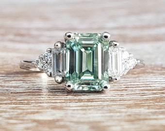 Antique Icy Mint Green Moissanite Diamond Engagement Ring Emerald Cut Baguette White Gold PenelliBelle Exclusive "The Margo"