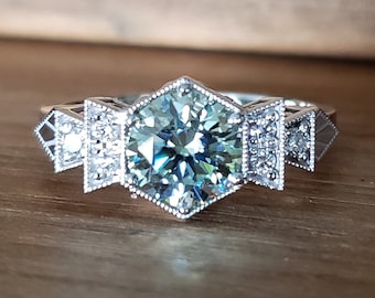 Antique Diamond Icy Mint Moissanite Engagement Ring 14k Gold 1920s Gemstone Bohemian PenelliBelle Green Exclusive &quot;The Florence&quot;