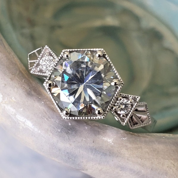 7.5 mm 1.5 carat center Grey Moissanite version Antique Diamond  Engagement Ring 1920 Art Deco Gemstone Bohemian PenelliBelle "The Ellie"