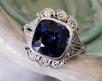 Cushion Antique inspired Halo Lab Created Blue Sapphire Diamond Engagement Ring Custom Halo 14K White Gold  "The Juliette"