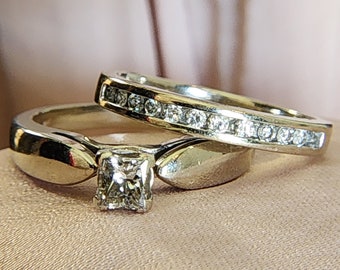 Vintage Diamond Bridal set Half Carat total weight Antique 14k White Gold Wedding set