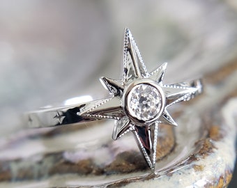 Old European Cut Moissanite Star celestial Engagement Ring Bohemian Witchy Jewelry 14K White Gold  "The Estrella"