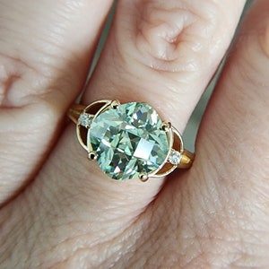 Antique Icy Mint Moissanite and Diamond Ring Mint  Art Deco Checkerboard Cushion Gemstone Engagement Ring 14K Gold " The Celeste"