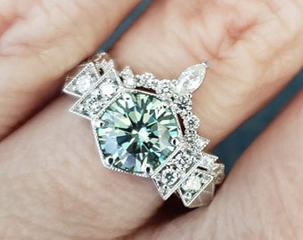Engagement ring ONLY Antique Diamond Light Grey Mint Moissanite 1920s Bohemian PenelliBelle Blue 14k white gold Exclusive "The Florence"