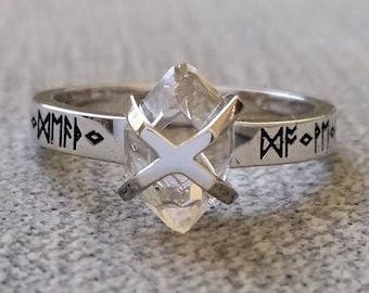 Rustic Herkimer Diamond Engagement Ring Nordic Runes Terminated Quartz Old World Norse Mythology Viking 14K White Gold Hammered "The Frigg"