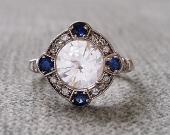 Estate Halo White Sapphire Diamond Antique Engagement Ring Victorian Art Deco Edwardian 14K White Gold "The Charlotte"