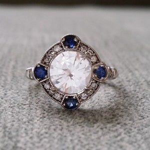 Estate Halo White Sapphire Diamond Antique Engagement Ring Victorian Art Deco Edwardian 14K White Gold "The Charlotte"