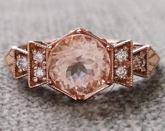 Antique Diamond Morganite Engagement Ring Rose Gold 1920s Copper Gemstone Rustic Bohemian PenelliBelle Peach Pink Exclusive "The Florence"