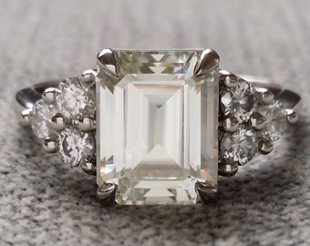 Moissanite and Diamond Engagement Ring Emerald Cut Baguette Classic Gold timeless PenelliBelle Exclusive "The Madison"