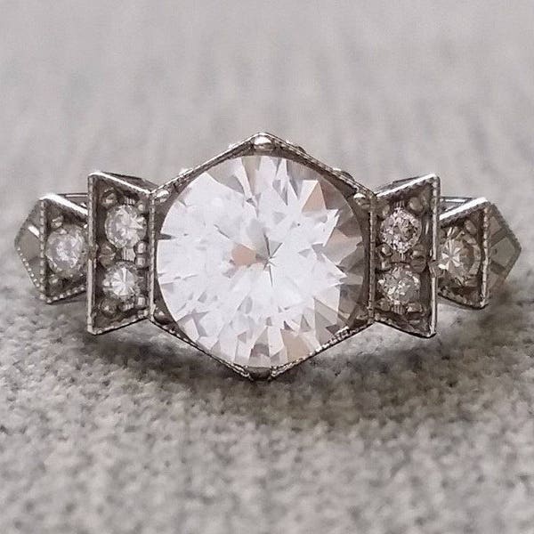 Antique Diamond White Sapphire Engagement Ring White Gold 1920s Gemstone  "The Florence"