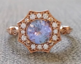 Upgraded Halo Tanzanite Diamond Ring Gemstone Engagement Ring Antique Purple Periwinkle Blue Flower Estate 14K Rose Gold Vintage "The Elsa"