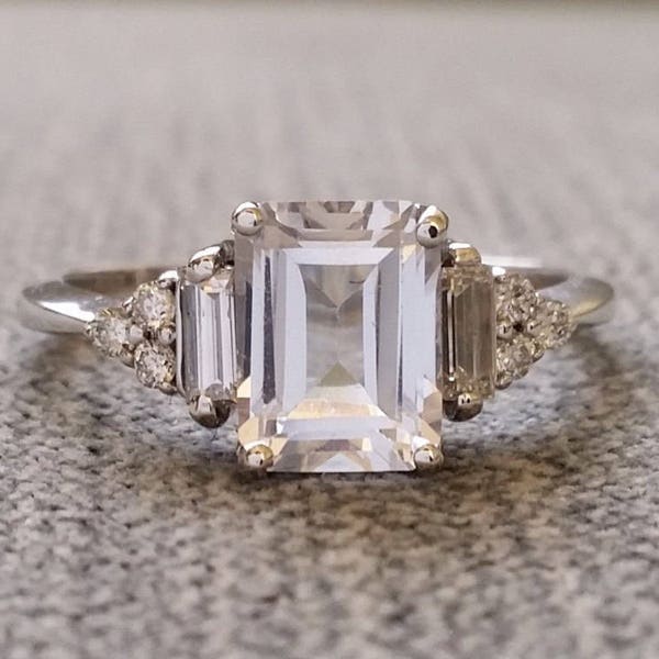 Antique White Sapphire Diamond Engagement Ring Emerald Cut Baguette Classic White Gold timeless PenelliBelle Exclusive "The Margo"