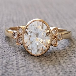 Antique Diamond E-F Moissanite Engagement Ring Yellow Gold Victorian Bezel Set Low Profile Filigree Gemstone PenelliBelle "The Luella"