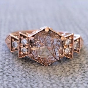 Antique Diamond Bronze Rutilated Quartz Engagement Ring Rose Gold