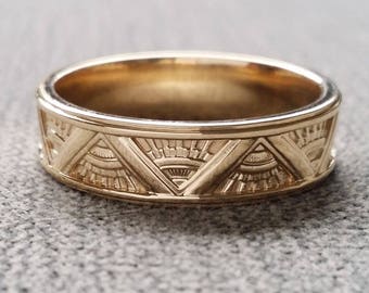 Art Deco Mens Wedding Band Ring Pattern Antique Unique Egyptian Geometric 14K Gold "The Emmerson"