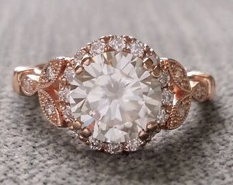 Round 1.5 carat Lab Created Diamond Estate Halo Diamond Antique Engagement Ring Victorian Art Deco Edwardian 14K Rose Gold "The Carrie "